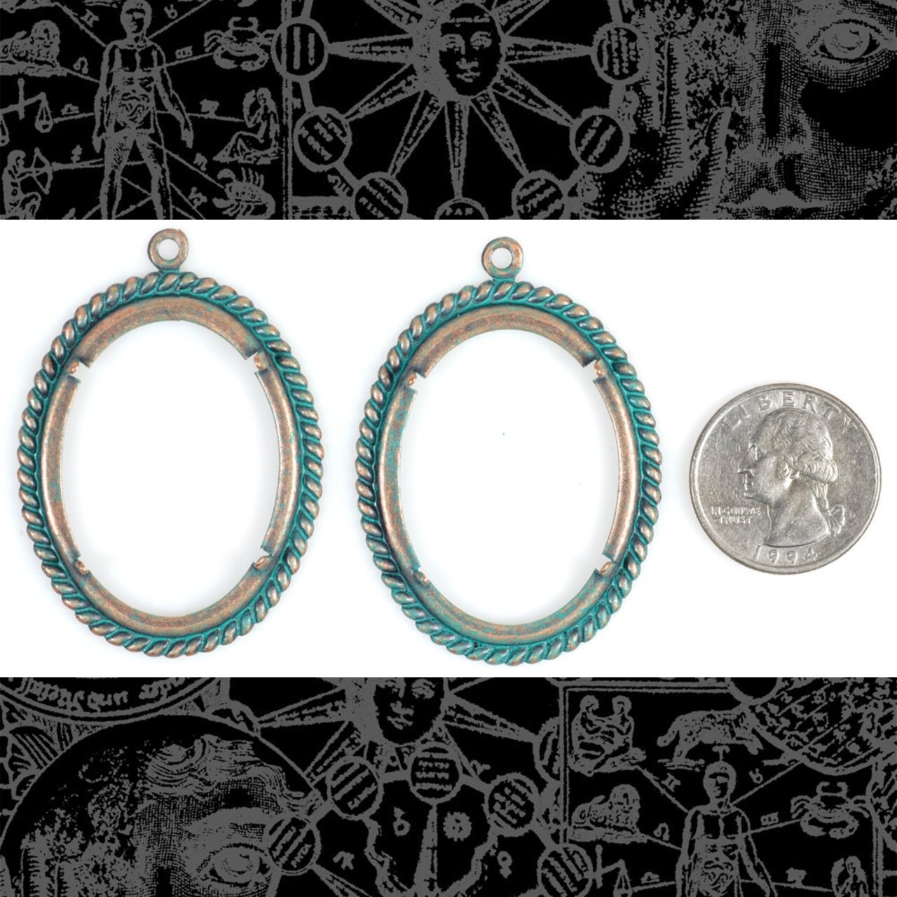 30mm x 40mm Verdigris Finished Brass Twisted Rope Cameo Frames with Prongs - Set of Two - V-F25